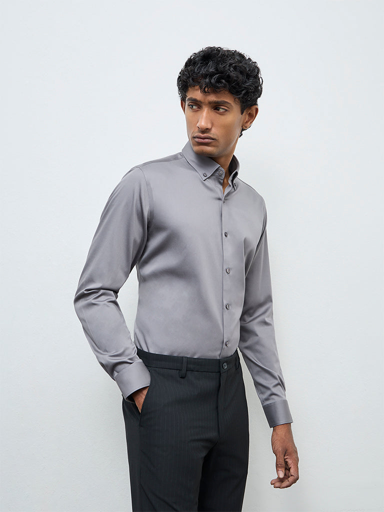 WES Formals Grey Solid Slim-Fit Cotton Shirt