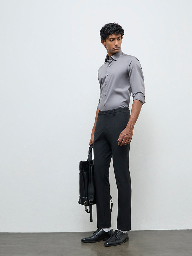 WES Formals Grey Solid Slim-Fit Cotton Shirt