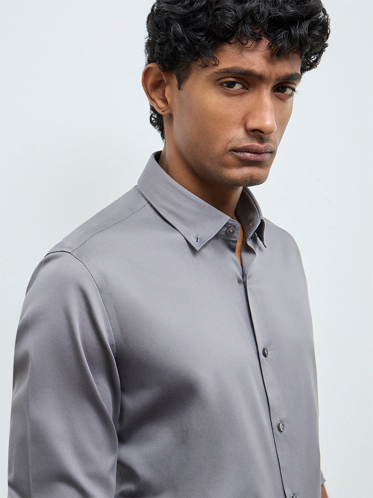WES Formals Grey Solid Slim-Fit Cotton Shirt