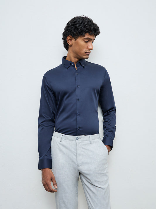 WES Formals Navy Solid Slim-Fit Cotton Shirt