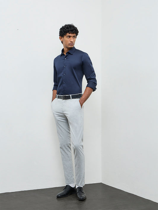WES Formals Navy Solid Slim-Fit Cotton Shirt