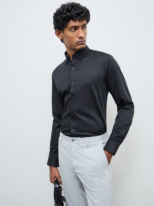 WES Formals Black Solid Slim-Fit Cotton Shirt