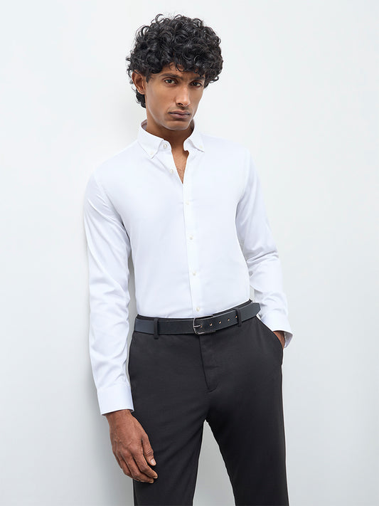 WES Formals White Solid Slim-Fit Cotton Shirt
