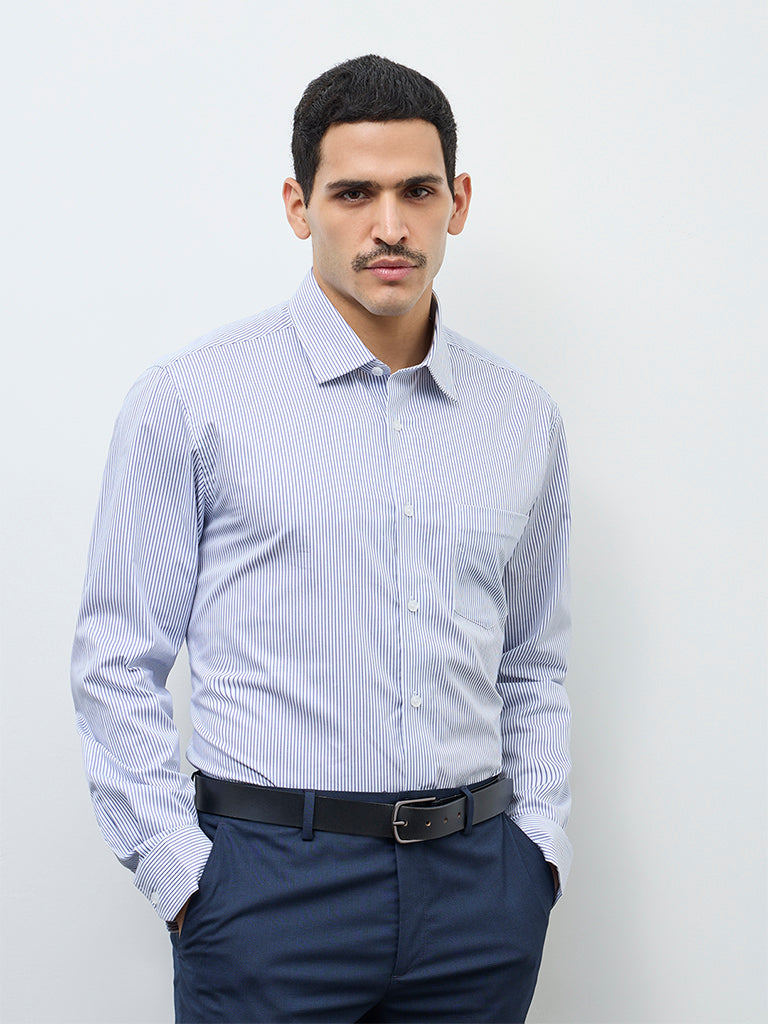 WES Formals Blue Striped Relaxed-Fit Cotton Shirt