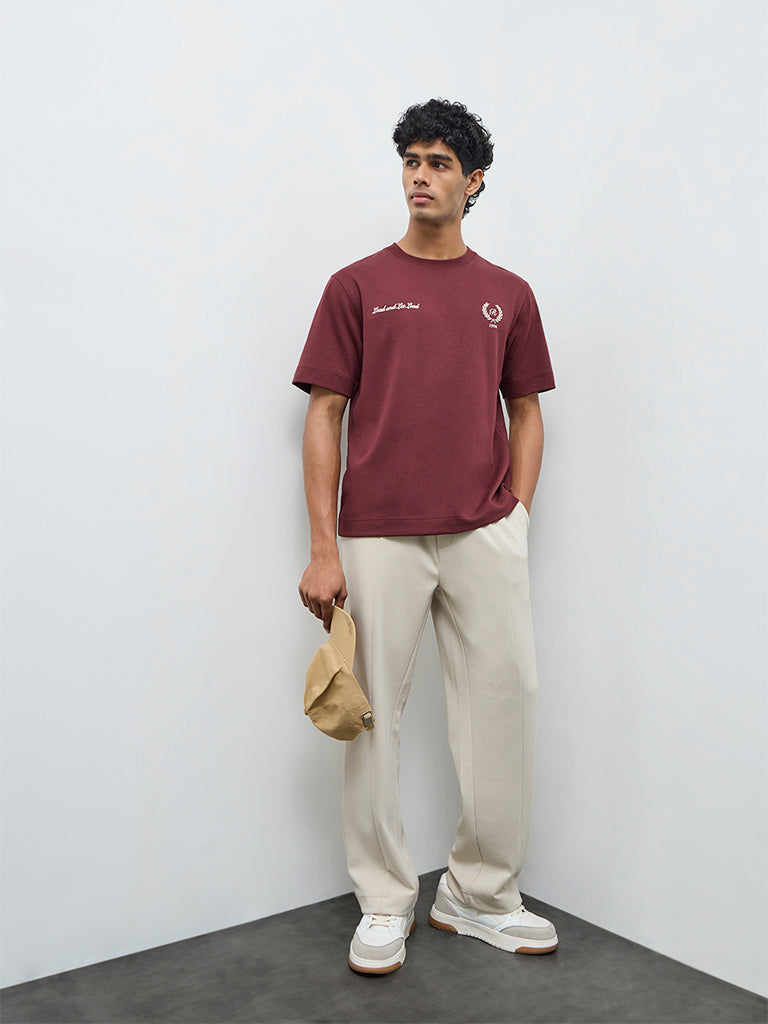 Nuoflexx Burgundy Printed Relaxed-Fit Cotton-Blend T-Shirt