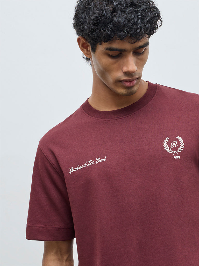Nuoflexx Burgundy Printed Relaxed-Fit Cotton-Blend T-Shirt