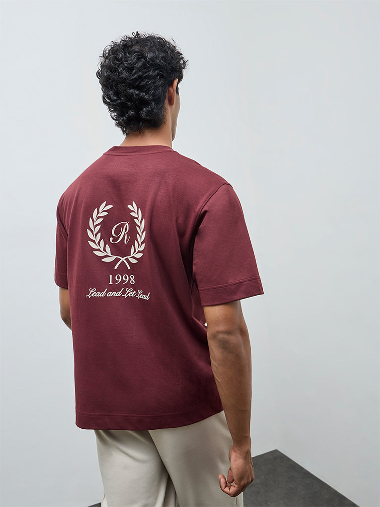 Nuoflexx Burgundy Printed Relaxed-Fit Cotton-Blend T-Shirt
