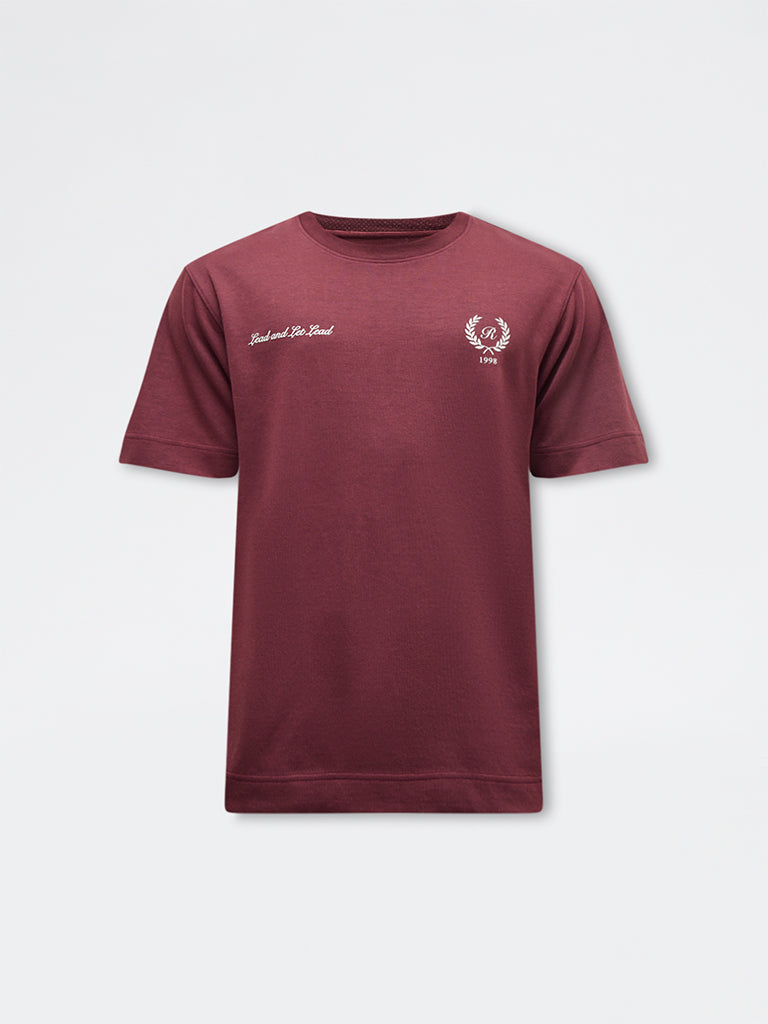 Nuoflexx Burgundy Printed Relaxed-Fit Cotton-Blend T-Shirt