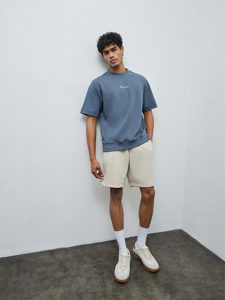 Nuoflexx Dusty Blue Typographic Relaxed-Fit Cotton-Blend T-Shirt