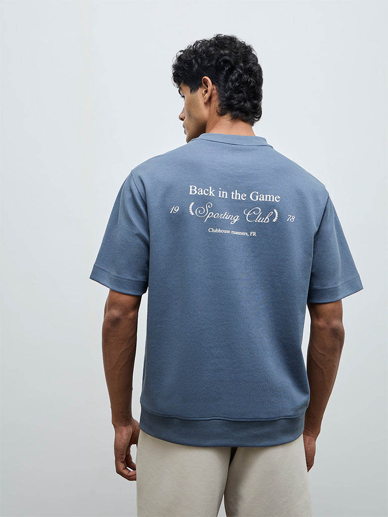Nuoflexx Dusty Blue Typographic Relaxed-Fit Cotton-Blend T-Shirt