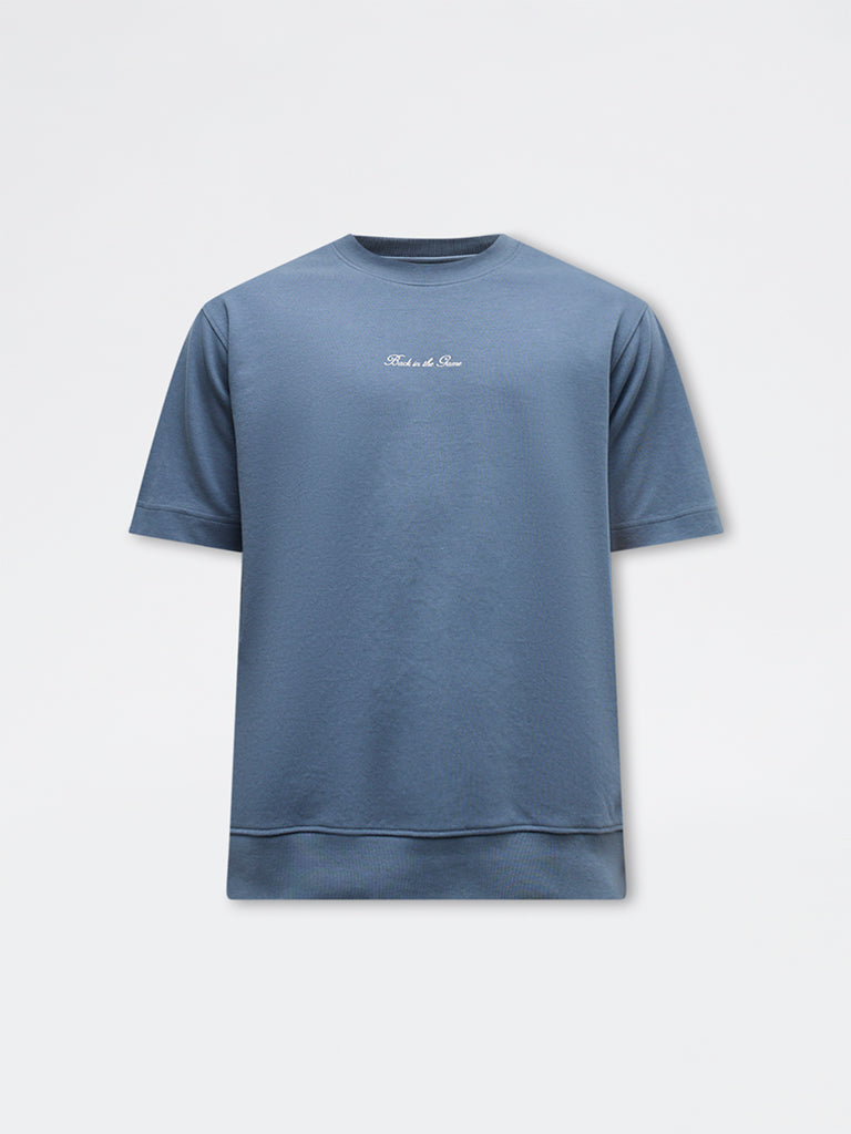 Nuoflexx Dusty Blue Typographic Relaxed-Fit Cotton-Blend T-Shirt