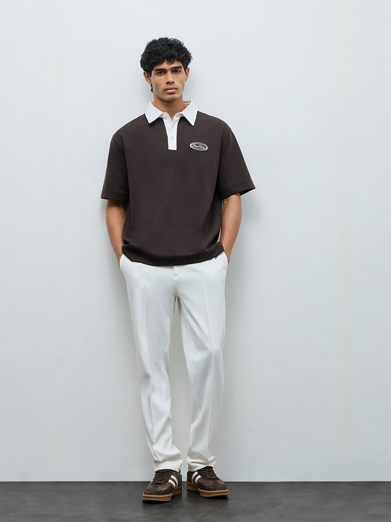 Nuoflexx Dark Brown Text Detail Relaxed-Fit Cotton-Blend Polo T-Shirt