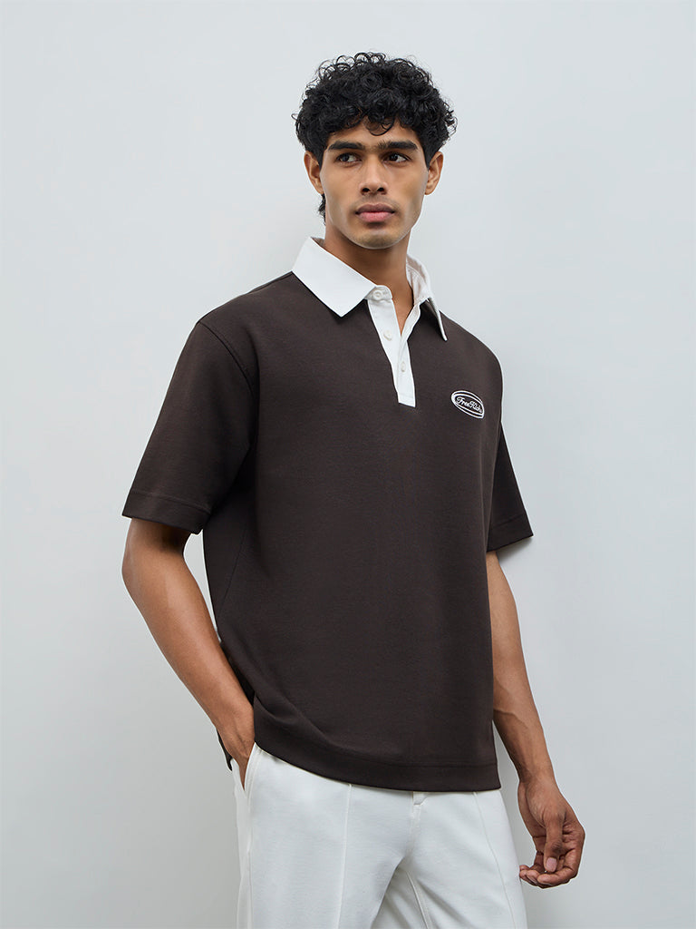 Nuoflexx Dark Brown Text Detail Relaxed-Fit Cotton-Blend Polo T-Shirt