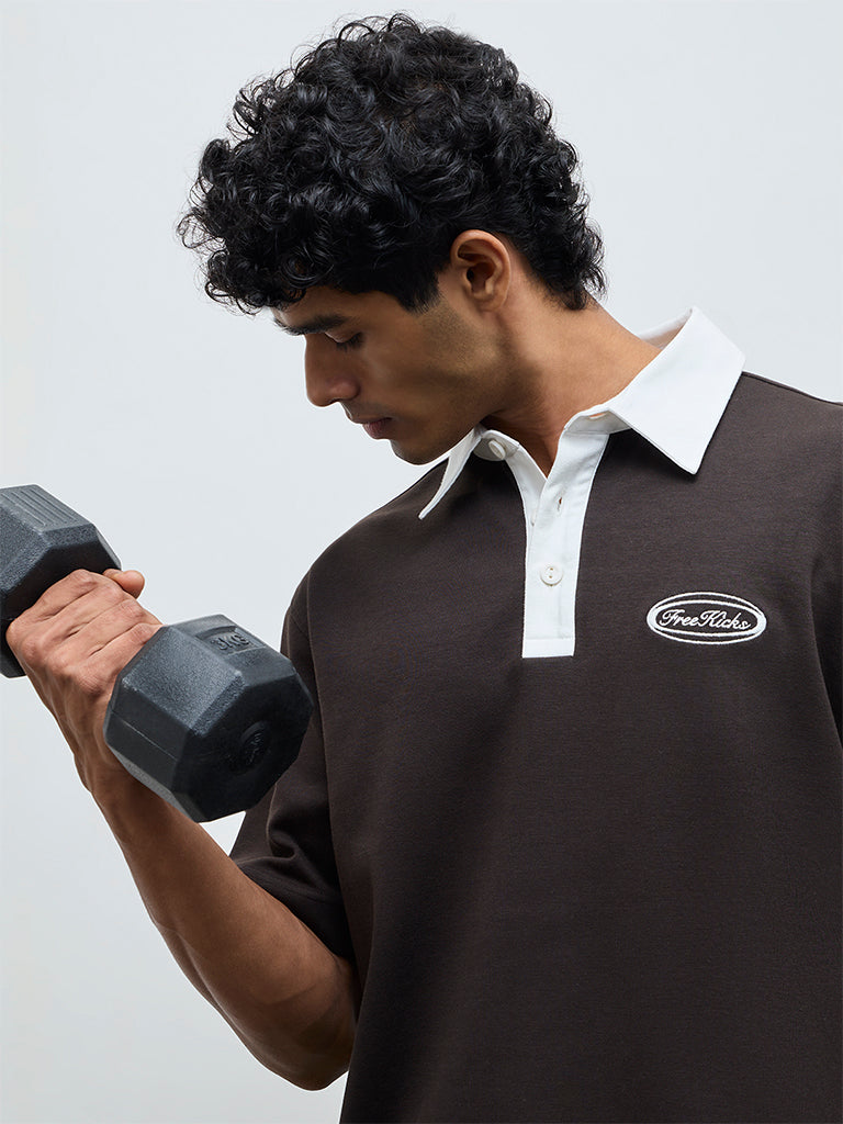 Nuoflexx Dark Brown Text Detail Relaxed-Fit Cotton-Blend Polo T-Shirt