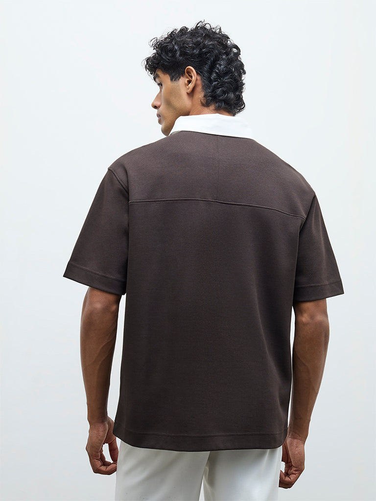 Nuoflexx Dark Brown Text Detail Relaxed-Fit Cotton-Blend Polo T-Shirt
