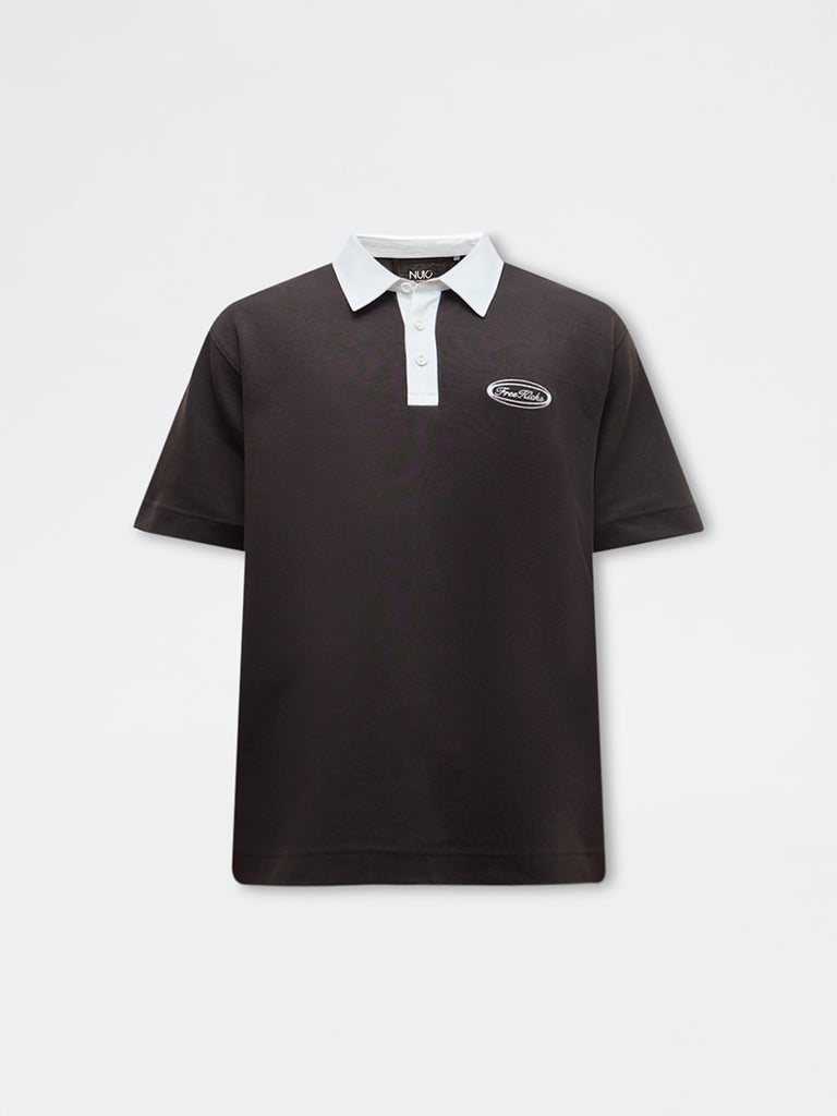 Nuoflexx Dark Brown Text Detail Relaxed-Fit Cotton-Blend Polo T-Shirt