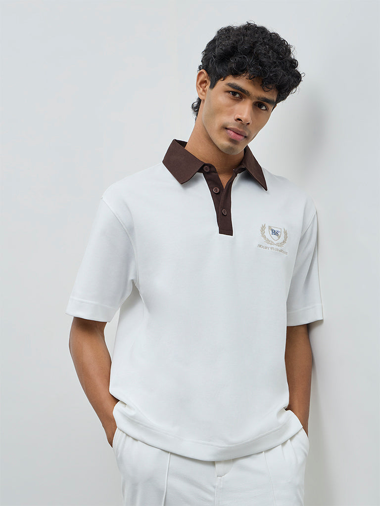 Nuoflexx Off-White Text Detail Relaxed-Fit Cotton-Blend Polo T-Shirt