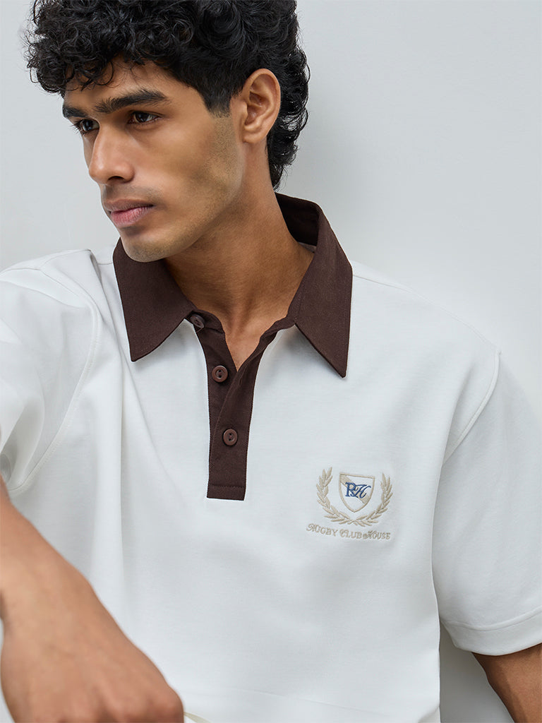 Nuoflexx Off-White Text Detail Relaxed-Fit Cotton-Blend Polo T-Shirt