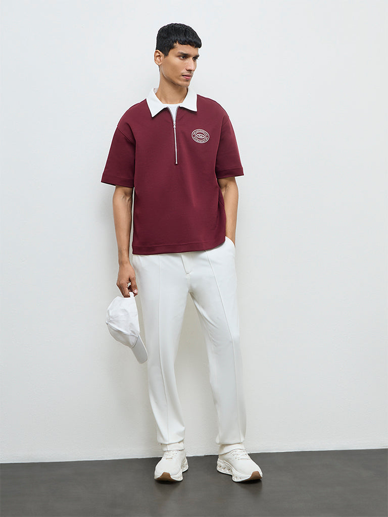 Nuoflexx Burgundy Relaxed-Fit Cotton-Blend Quarter-Zip T-Shirt