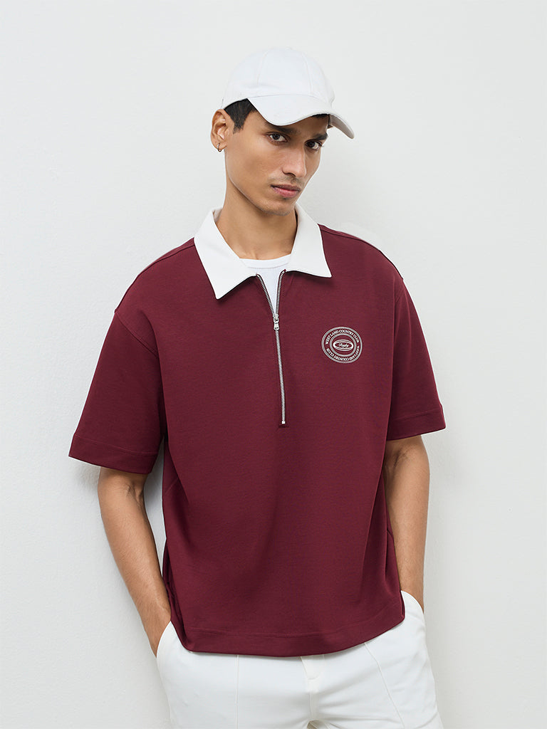 Nuoflexx Burgundy Relaxed-Fit Cotton-Blend Quarter-Zip T-Shirt