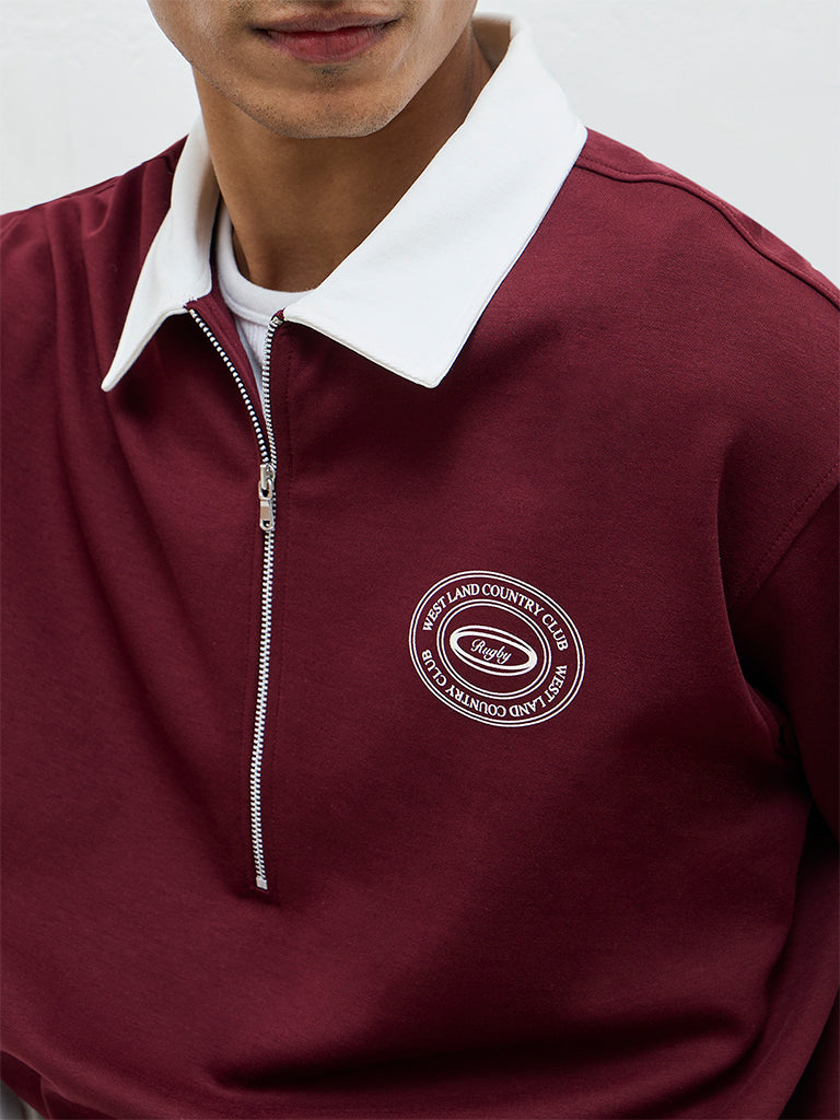 Nuoflexx Burgundy Relaxed-Fit Cotton-Blend Quarter-Zip T-Shirt