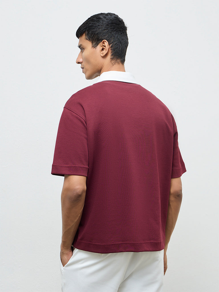 Nuoflexx Burgundy Relaxed-Fit Cotton-Blend Quarter-Zip T-Shirt