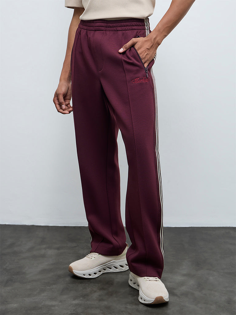 Nuoflexx Wine Striped Relaxed-Fit Mid-Rise Track Pants