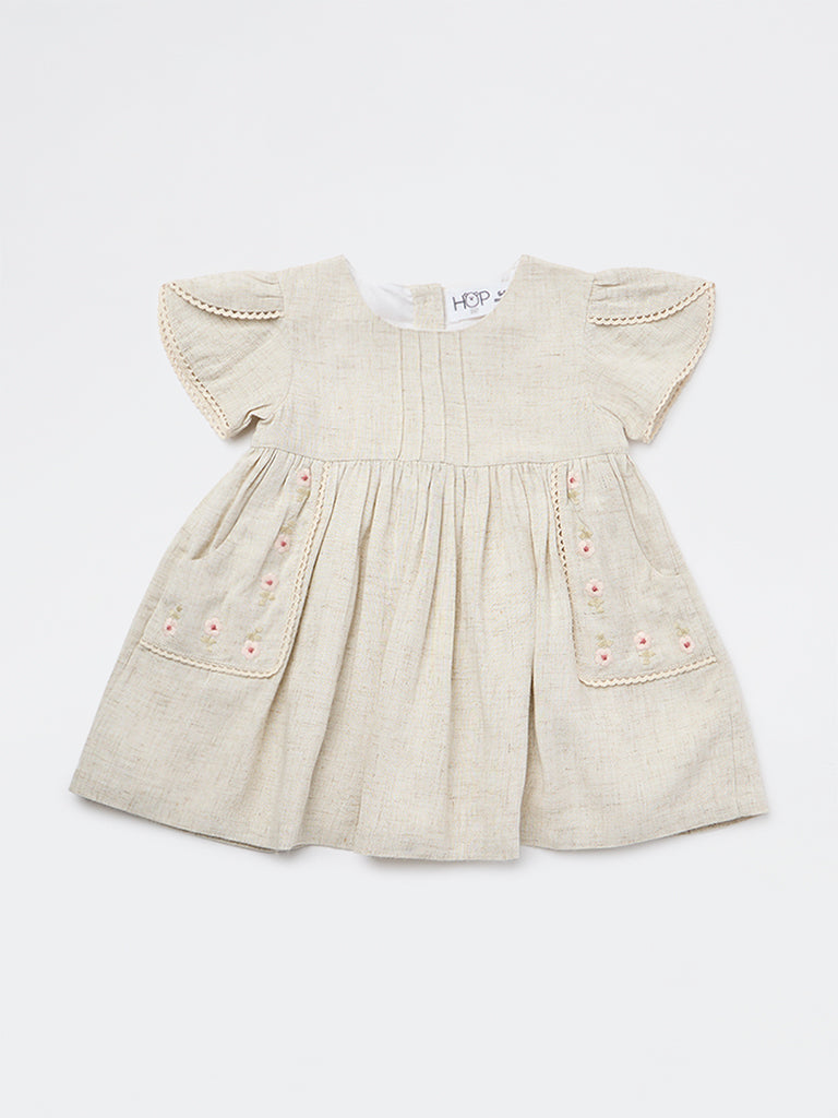 HOP Baby Girls Beige Floral Embroidered A-Line Cotton Dress