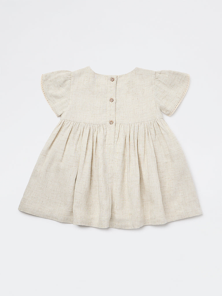 HOP Baby Girls Beige Floral Embroidered A-Line Cotton Dress
