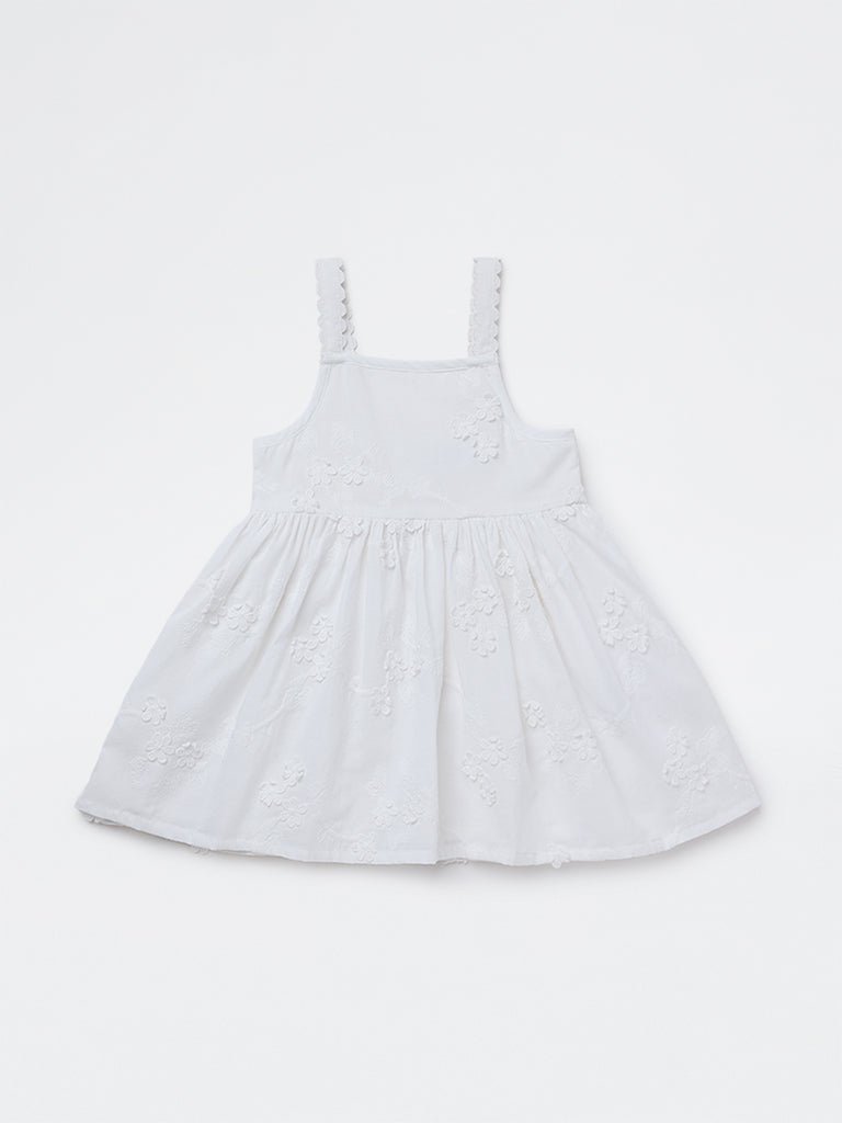 HOP Baby Girls White Embroidered Fit-and-Flare Cotton Dress