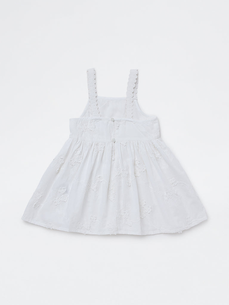 HOP Baby Girls White Embroidered Fit-and-Flare Cotton Dress
