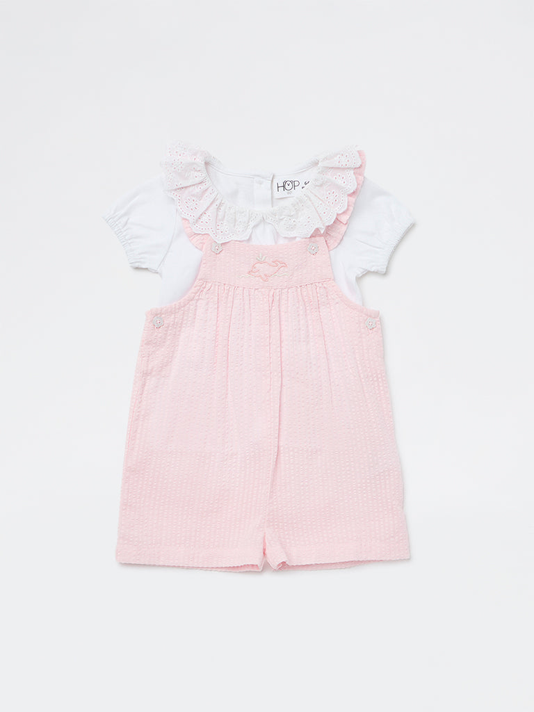 HOP Baby Girls Pink Textured Cotton Romper and T-Shirt Set