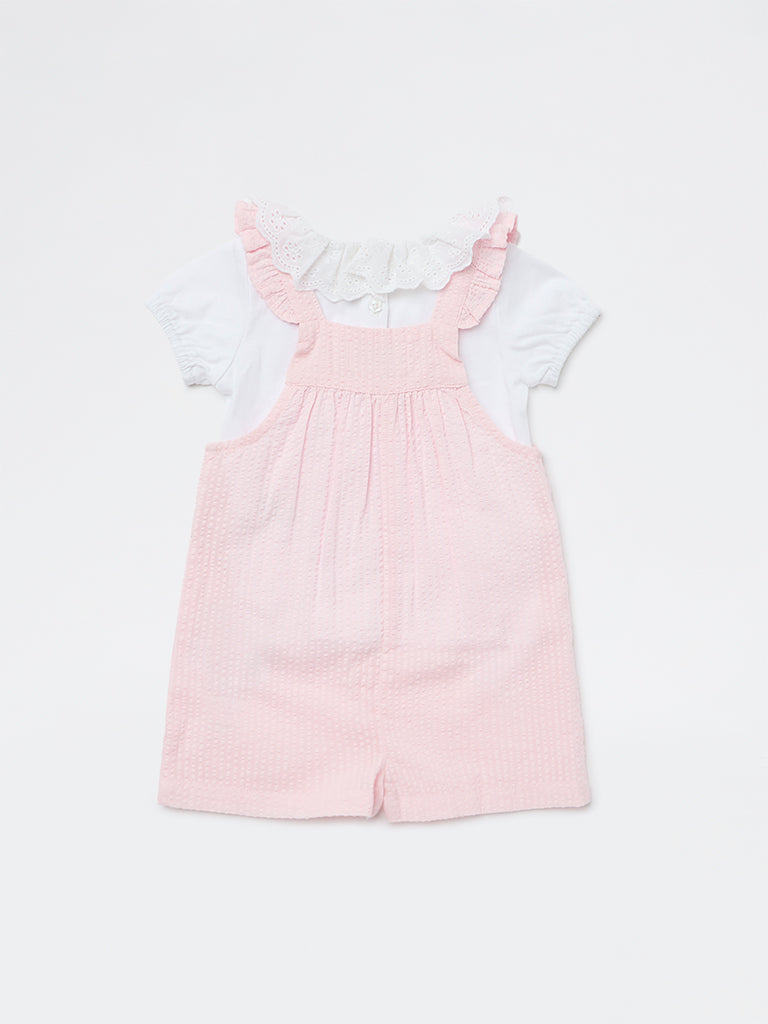HOP Baby Girls Pink Textured Cotton Romper and T-Shirt Set