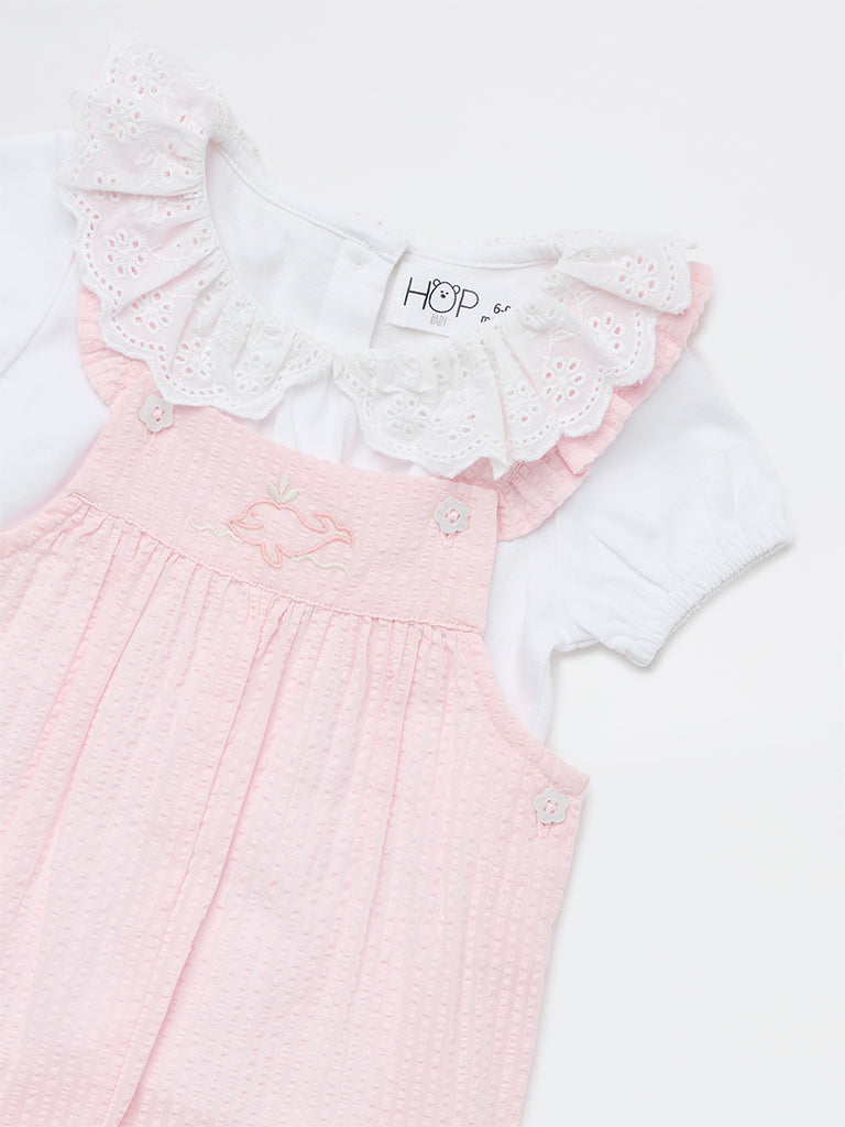 HOP Baby Girls Pink Textured Cotton Romper and T-Shirt Set