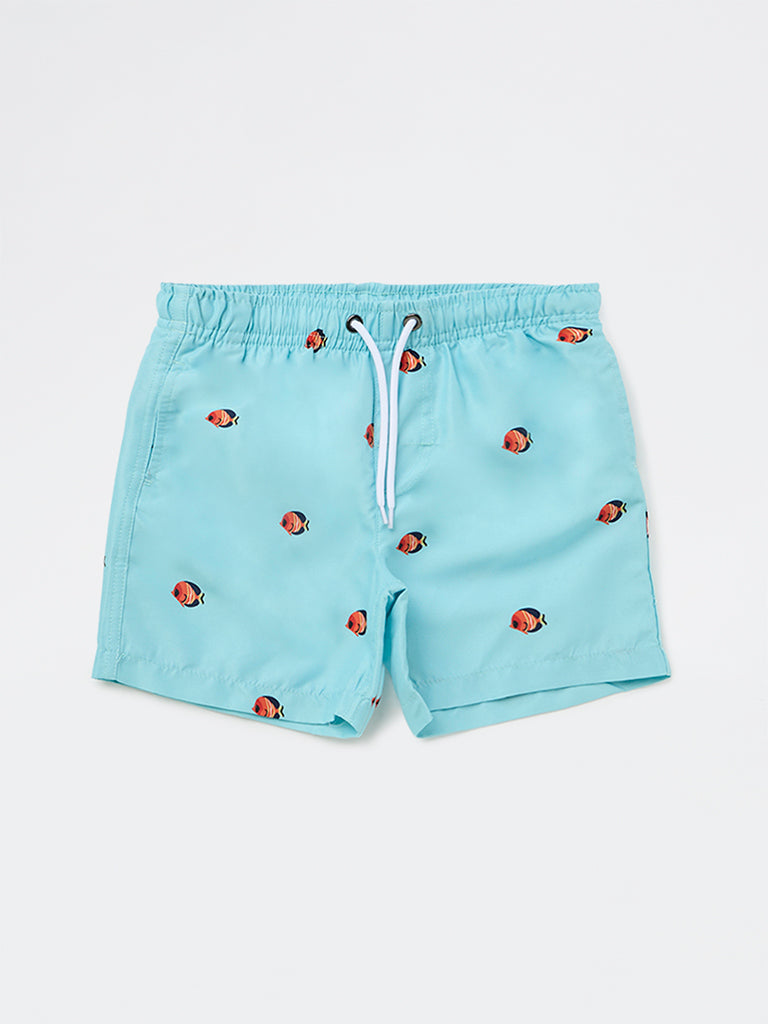 HOP Kids Boys Aqua Printed Mid-Rise Swim Shorts