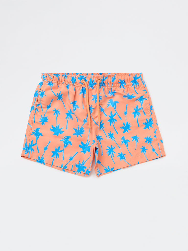 HOP Kids Boys Orange Tropical Printed Mid-Rise Swim Shorts
