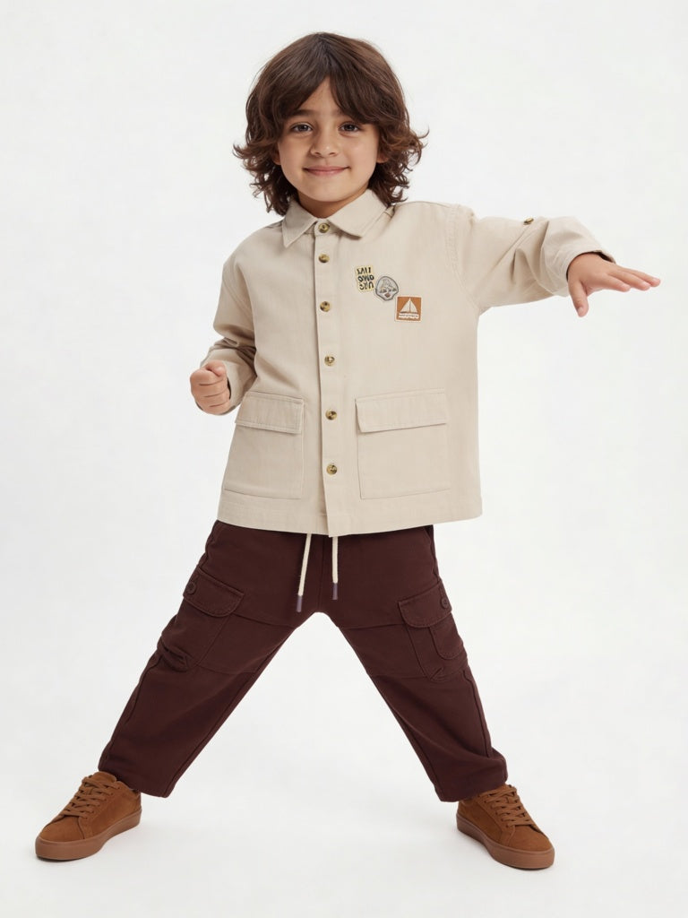 HOP Kids Boys Beige Graphic Printed Denim Shirt