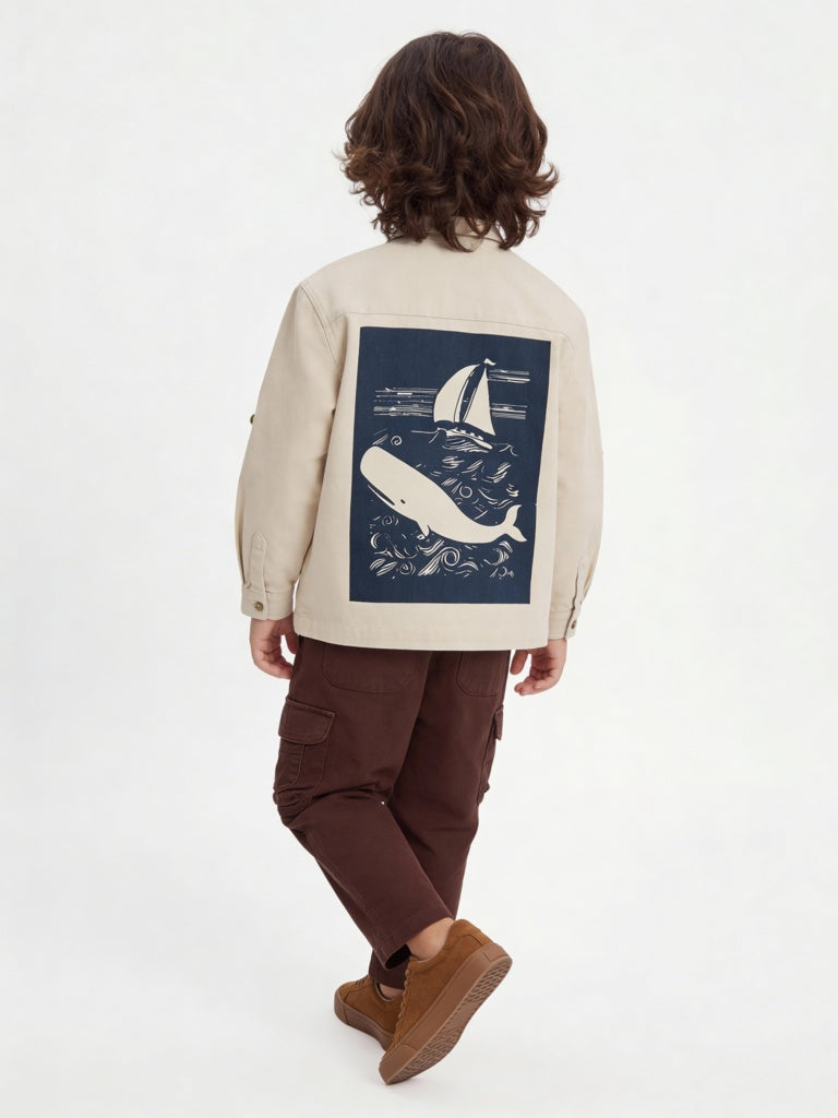 HOP Kids Boys Beige Graphic Printed Denim Shirt