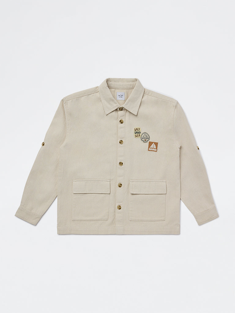 HOP Kids Boys Beige Graphic Printed Denim Shirt