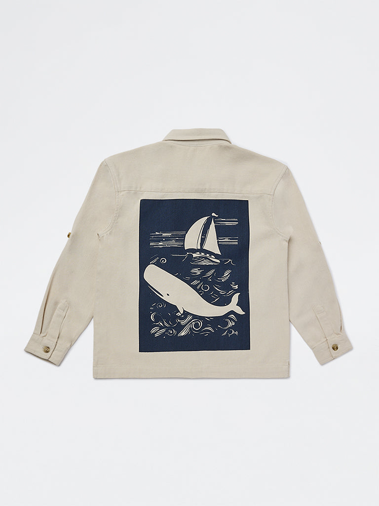 HOP Kids Boys Beige Graphic Printed Denim Shirt