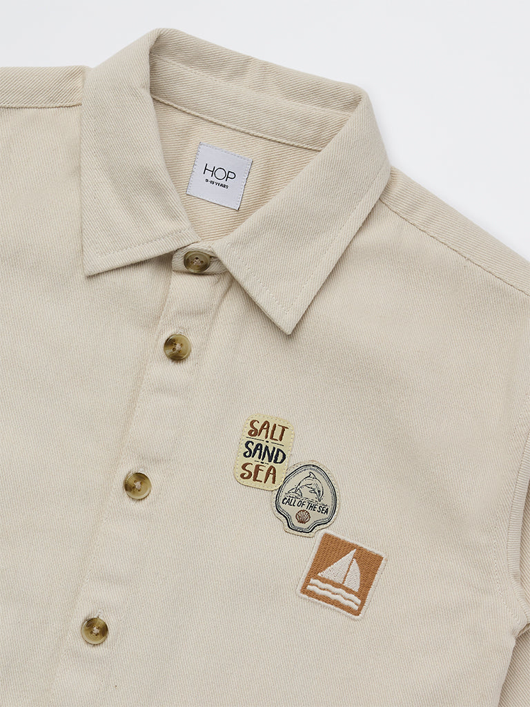HOP Kids Boys Beige Graphic Printed Denim Shirt