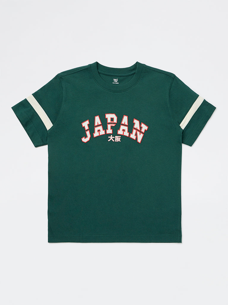 Boys Green Text Pattern Cotton T-Shirt