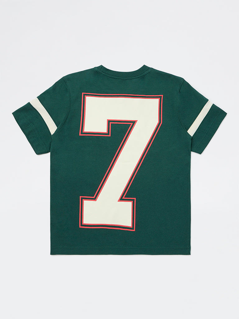 Boys Green Text Pattern Cotton T-Shirt