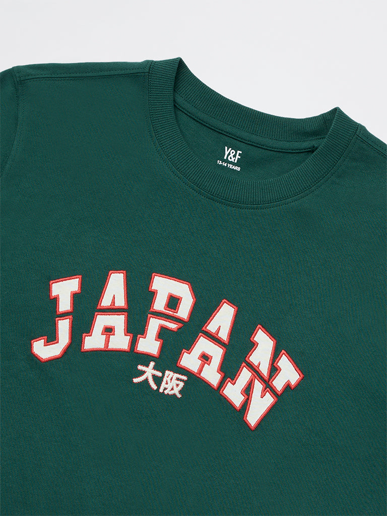 Boys Green Text Pattern Cotton T-Shirt