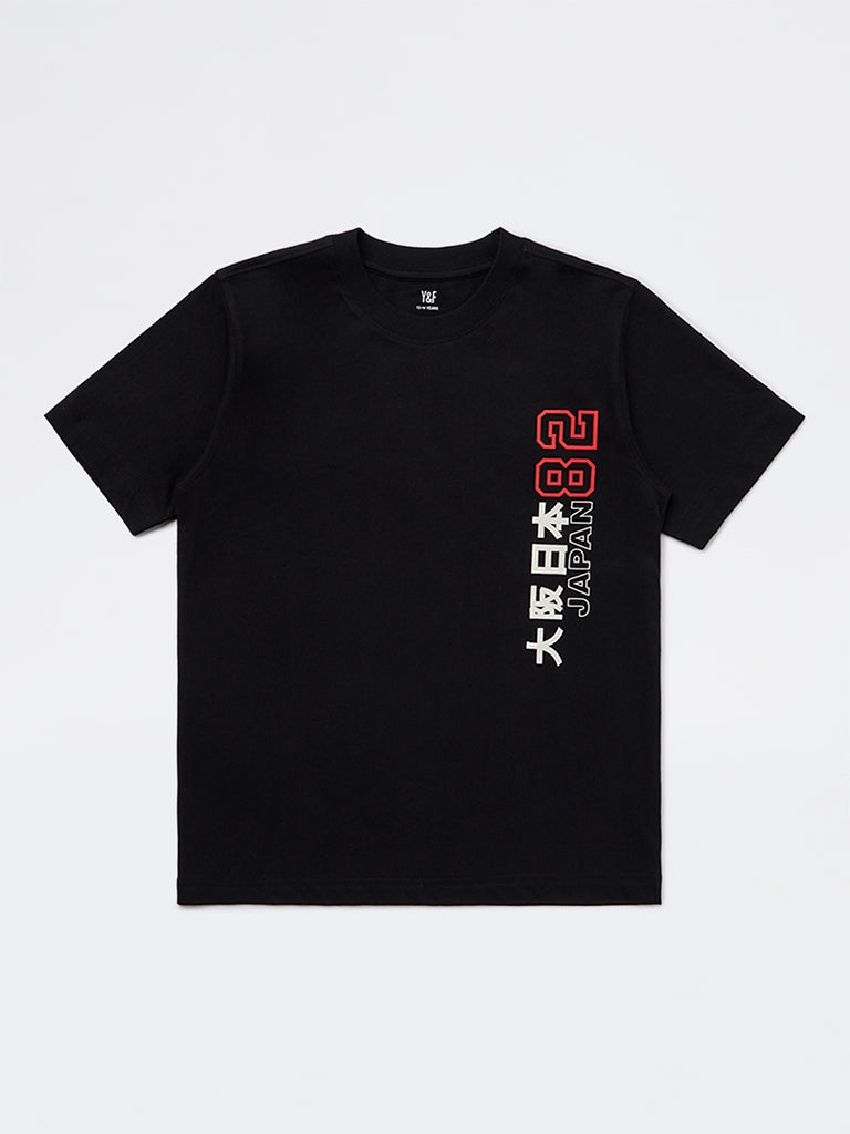 Boys Black Graphic Printed Cotton T-Shirt