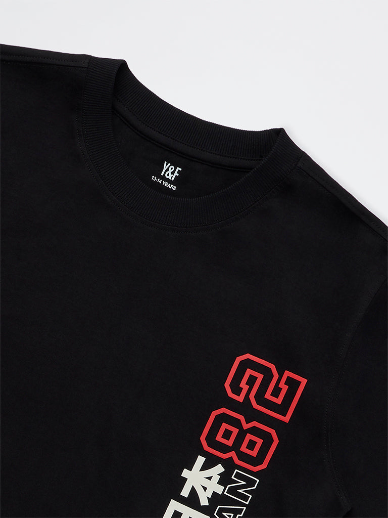 Boys Black Graphic Printed Cotton T-Shirt