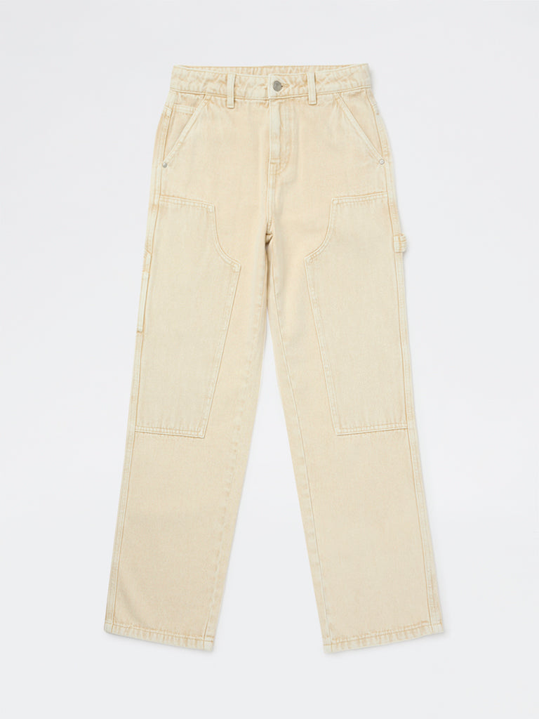 Boys Beige Straight-Fit Mid-Rise Jeans
