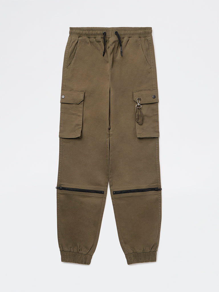 Boys Olive Mid-Rise Cotton-Blend Joggers