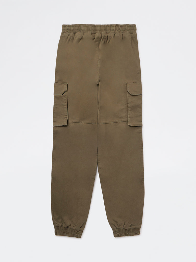 Boys Olive Mid-Rise Cotton-Blend Joggers
