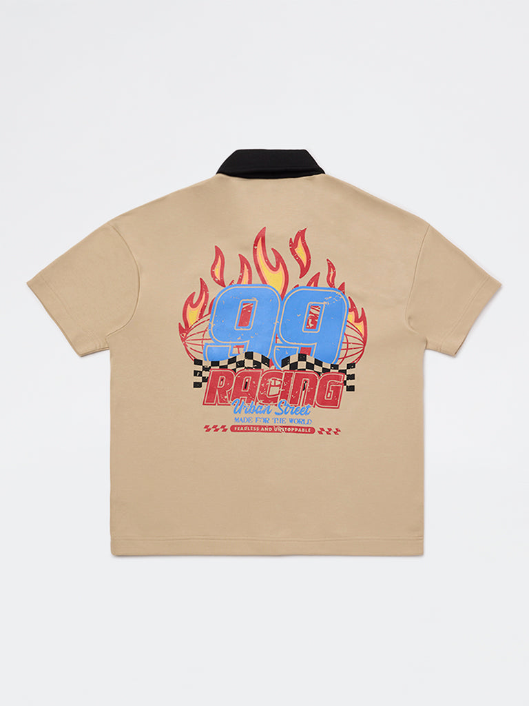 Boys Beige Printed Shirt